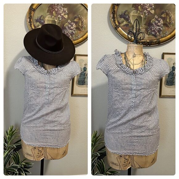 Gap White Brown Circle Polka Dot  Ruffle Stripe Blouse sz S - Picture 1 of 11